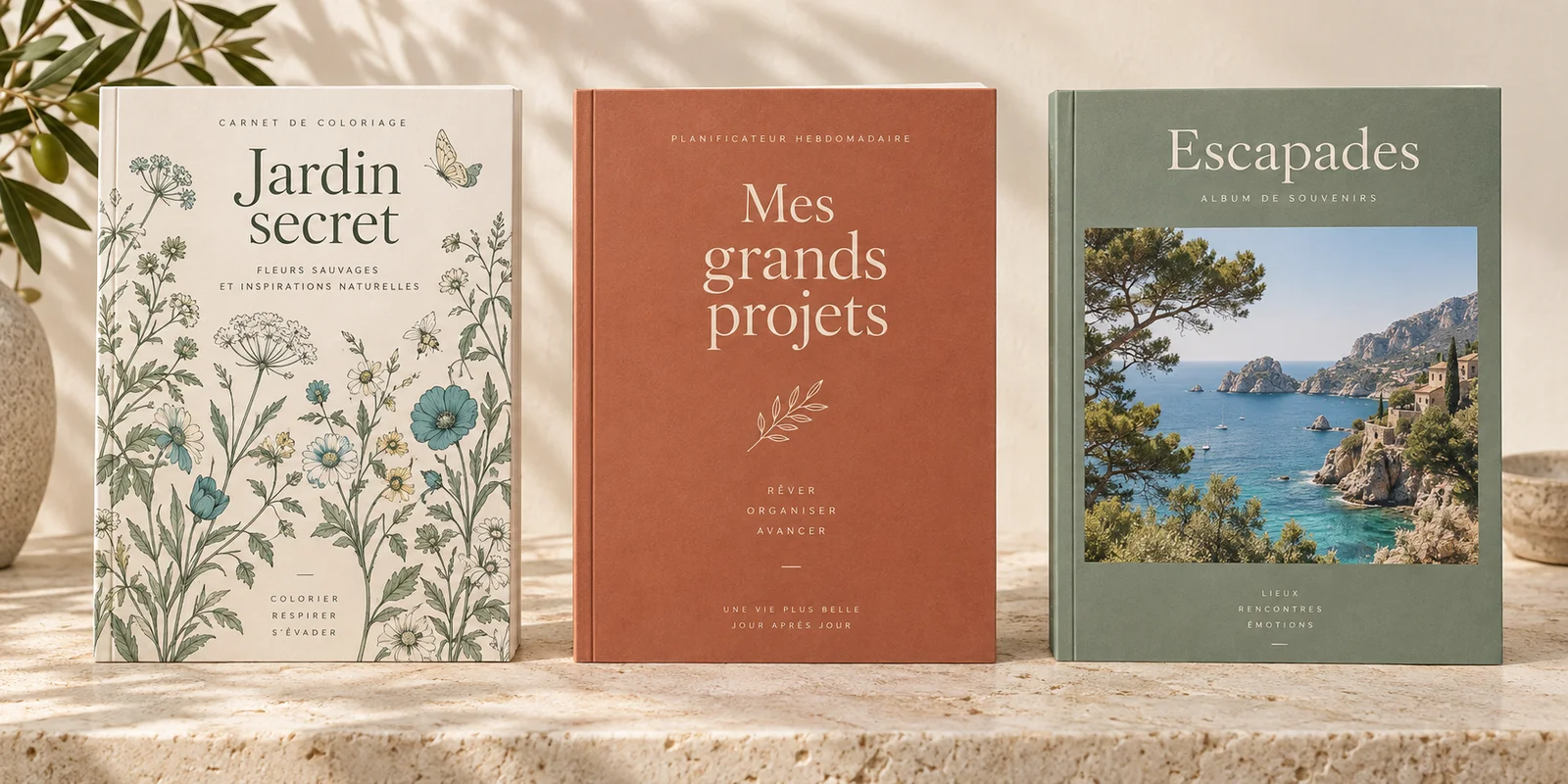 Exemples illustratifs : livre de coloriage Jardin secret, planner Mes grands projets et album photo Escapades