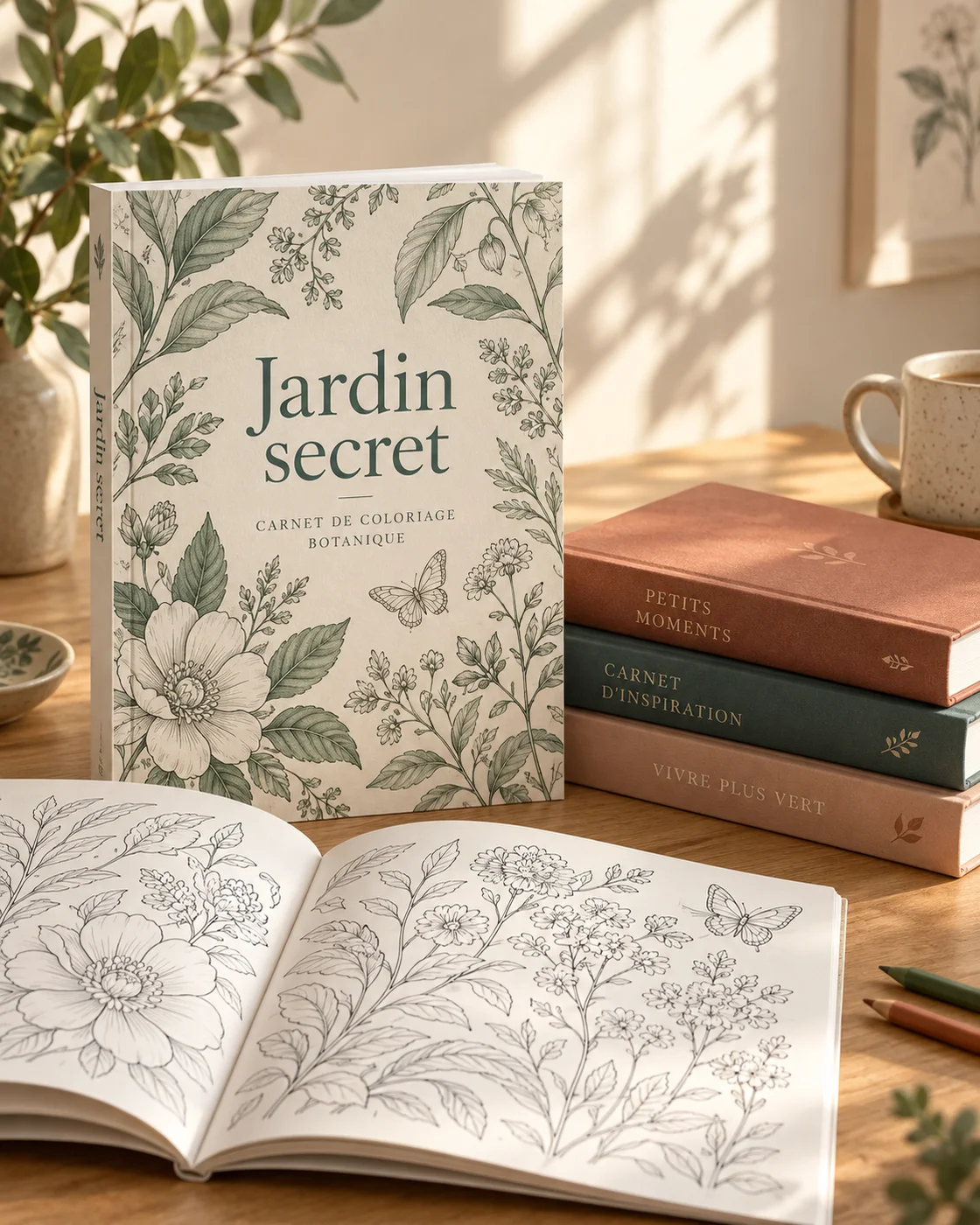 Un livre de coloriage botanique, des carnets et un livre ouvert sur un bureau ensoleillé